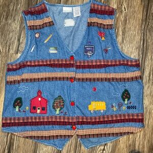 Bobbie Brooks Denim Vest with Red Plaid Accents